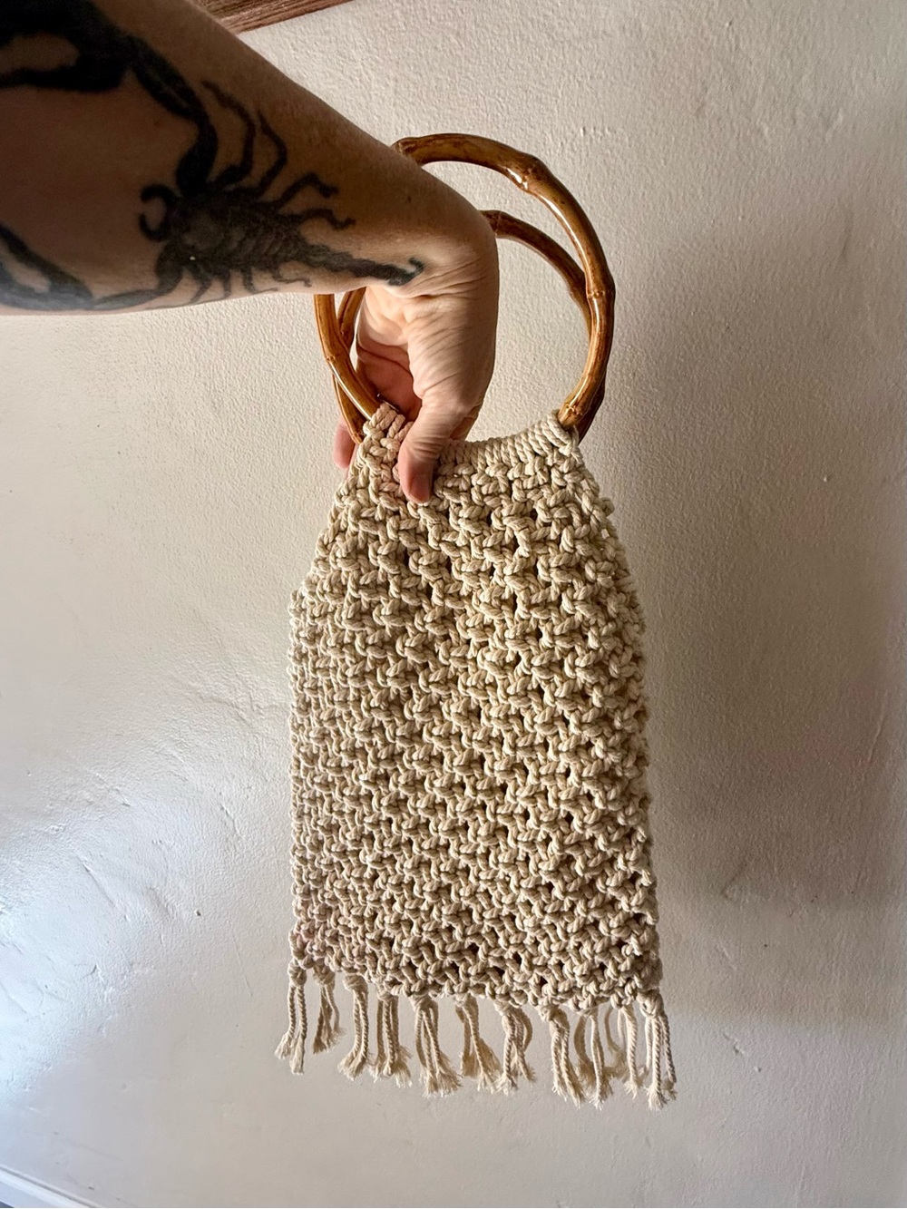 Handmade BOHO Macrame Cream Tote with Bamboo Handles